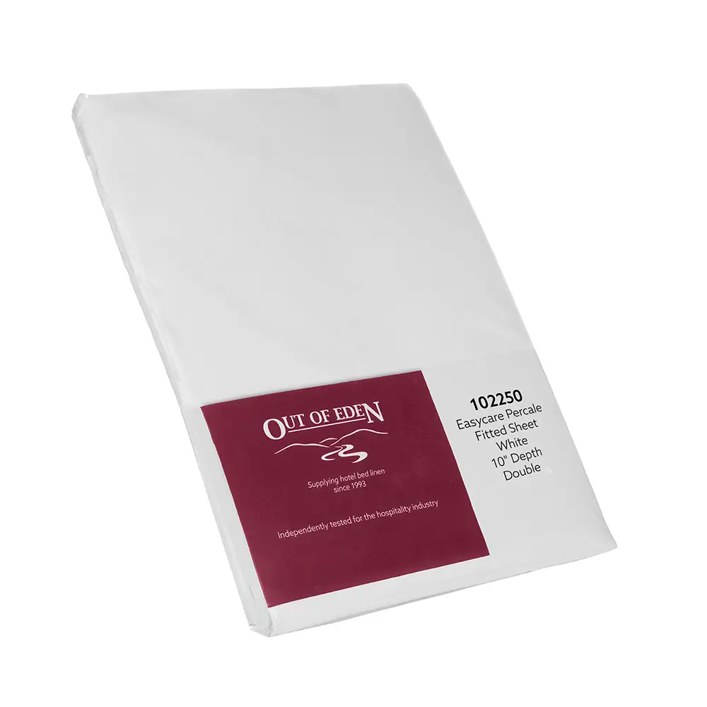 White percale fitted sheet with 'Out of Eden' branding on a white background