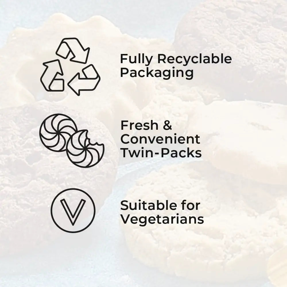 Icons and text indicating fully recyclable packaging, fresh and convenient twin packs, and suitability for vegetarians on a white background.