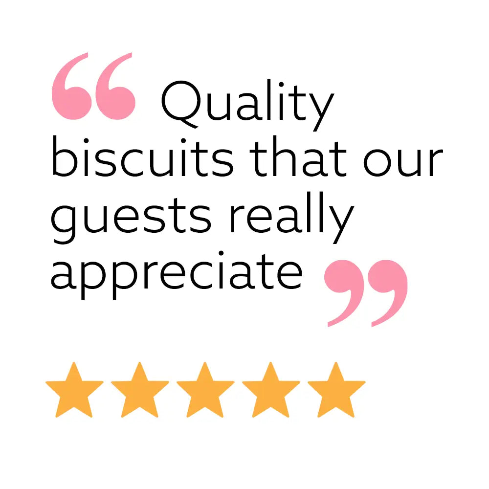 Text with 'Quality biscuits that our guests really appreciate' and five yellow stars on a white background.