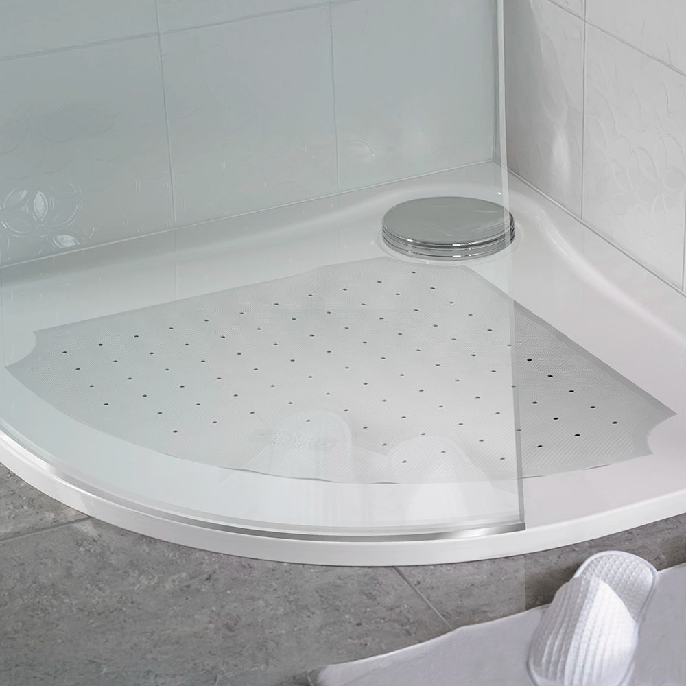Rubber shower mat inside a corner shower tray