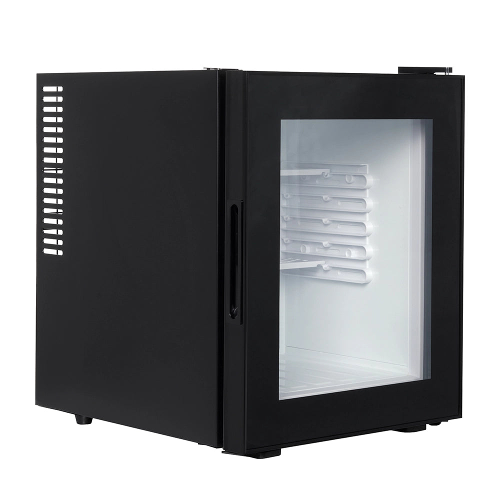 Black refrigerator with glass door on a white background