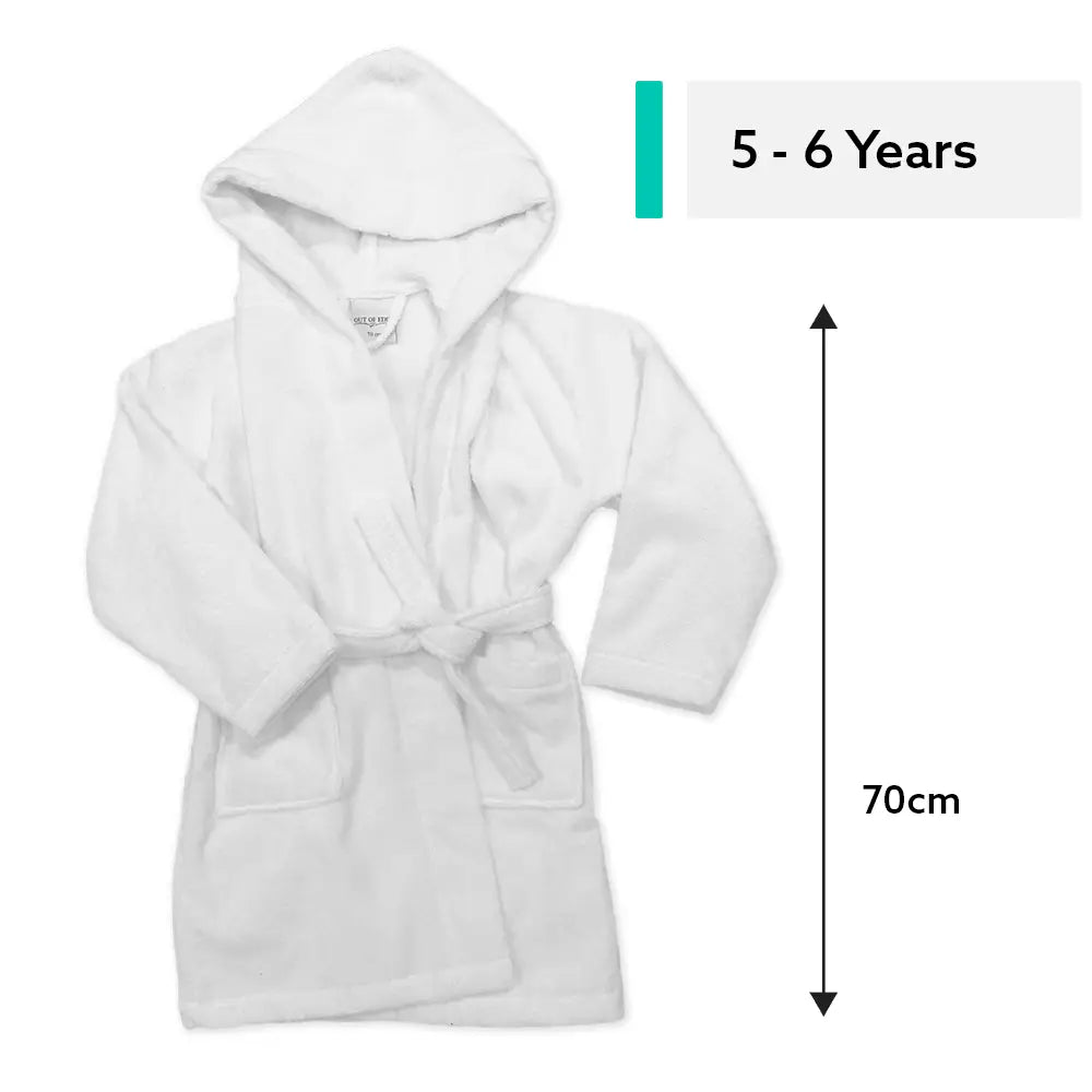 White children's robe with hood, size 5-6 years, on a white background