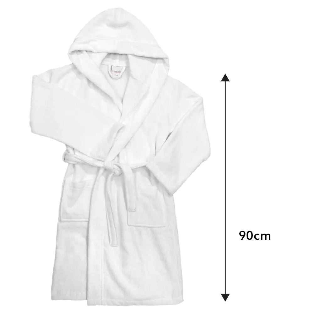White hooded robe with a measurement label on a white background