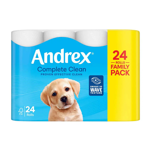 Andrex Complete Clean toilet paper package with a dog on the label