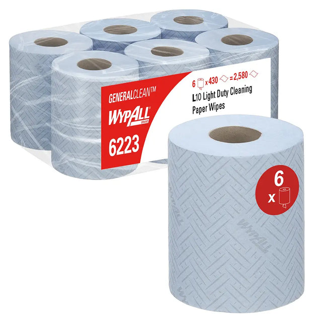 WypAll 6223 paper wipes with packaging on a white background