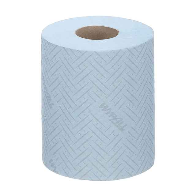 Roll of blue paper towels on a white background
