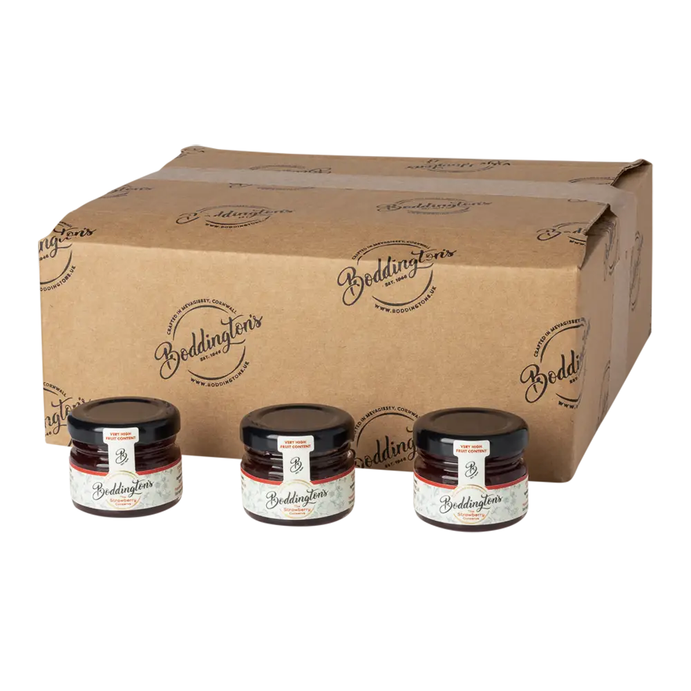 Three jars of Beddington's jam in front of a cardboard box with the brand logo.