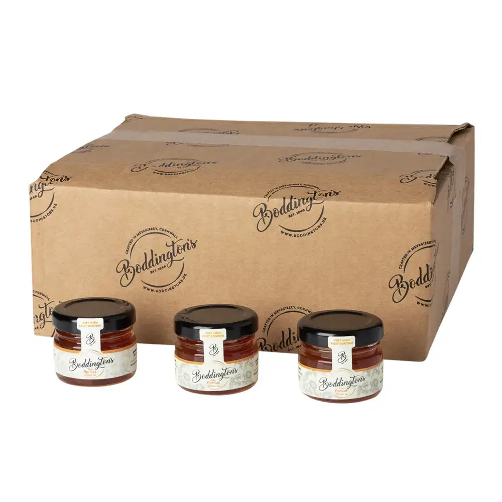 Three jars of Beddington's jam in front of a cardboard box with the brand logo.