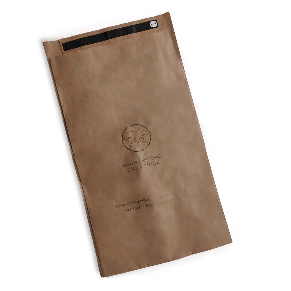 Brown laundry bag with branding on a white background