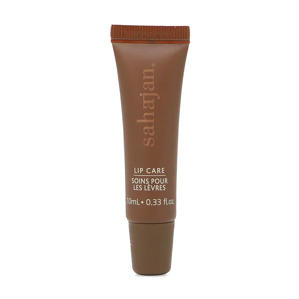 Brown lip care balm tube with 'sahajan' branding on a white background
