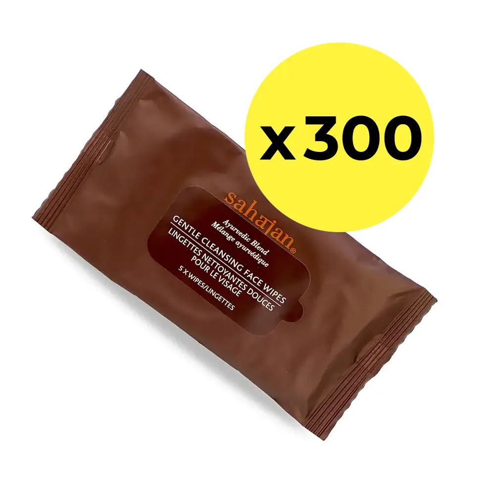 Brown package of Sahagan cleansing face wipes with a yellow circle indicating 300 wipes on a white background