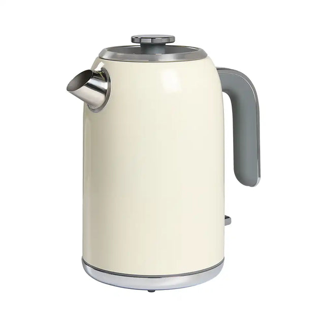 Cream-coloured electric kettle with metallic accents on a white background