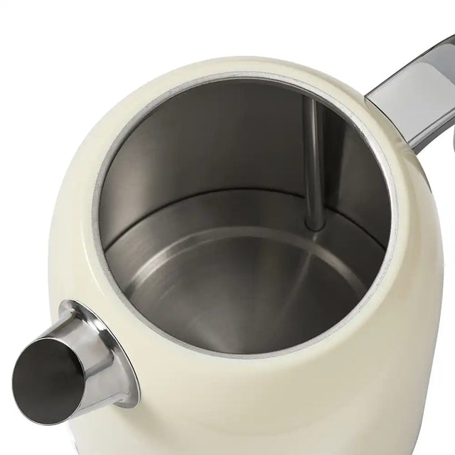Close-up of a white kettle with a metallic interior and handle on a white background