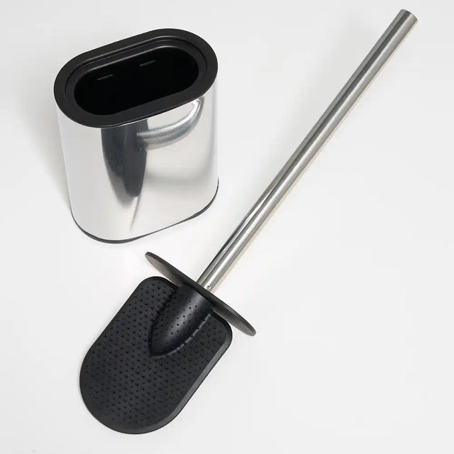 Metal toilet brush with black bristle head and holder on a white background