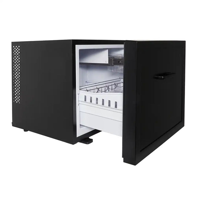 Black refrigerator with open door on a white background