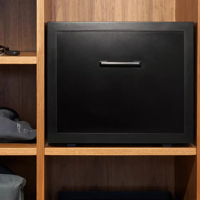 Black minibar on a wooden shelf