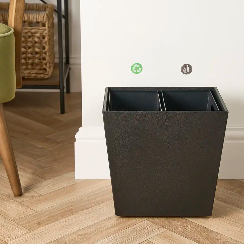 Faux Leather Waste & Recycling Twin Bin 12L - Black