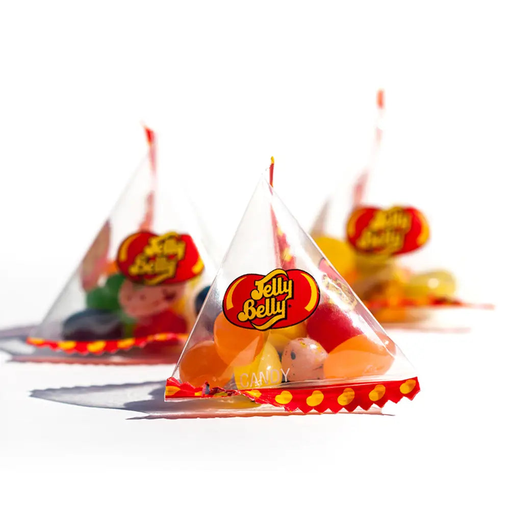 Jelly Belly candy in clear pyramid packaging on a white background