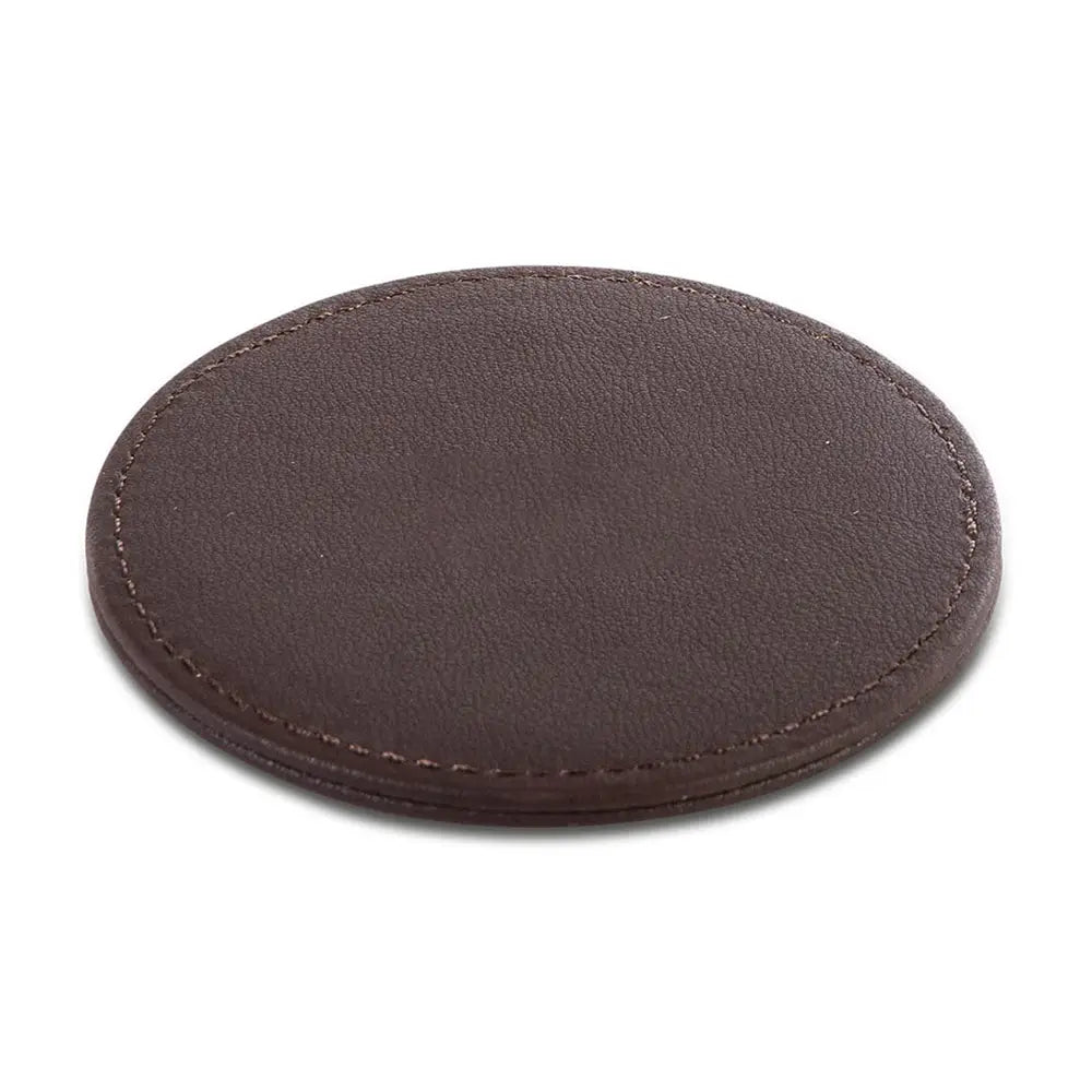 Round brown leather-effect coaster on a white background