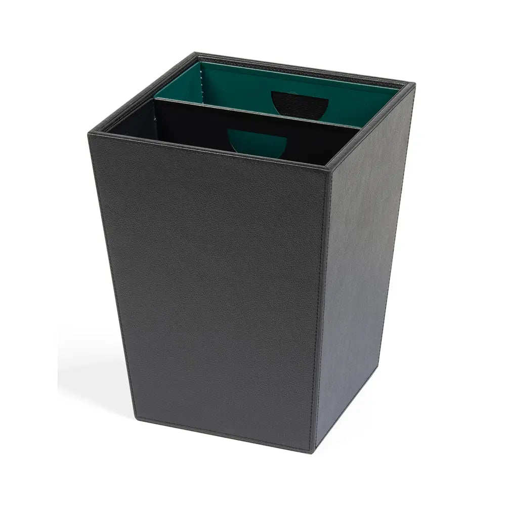 Black rectangular trash bin with green and black internal containers on a white background
