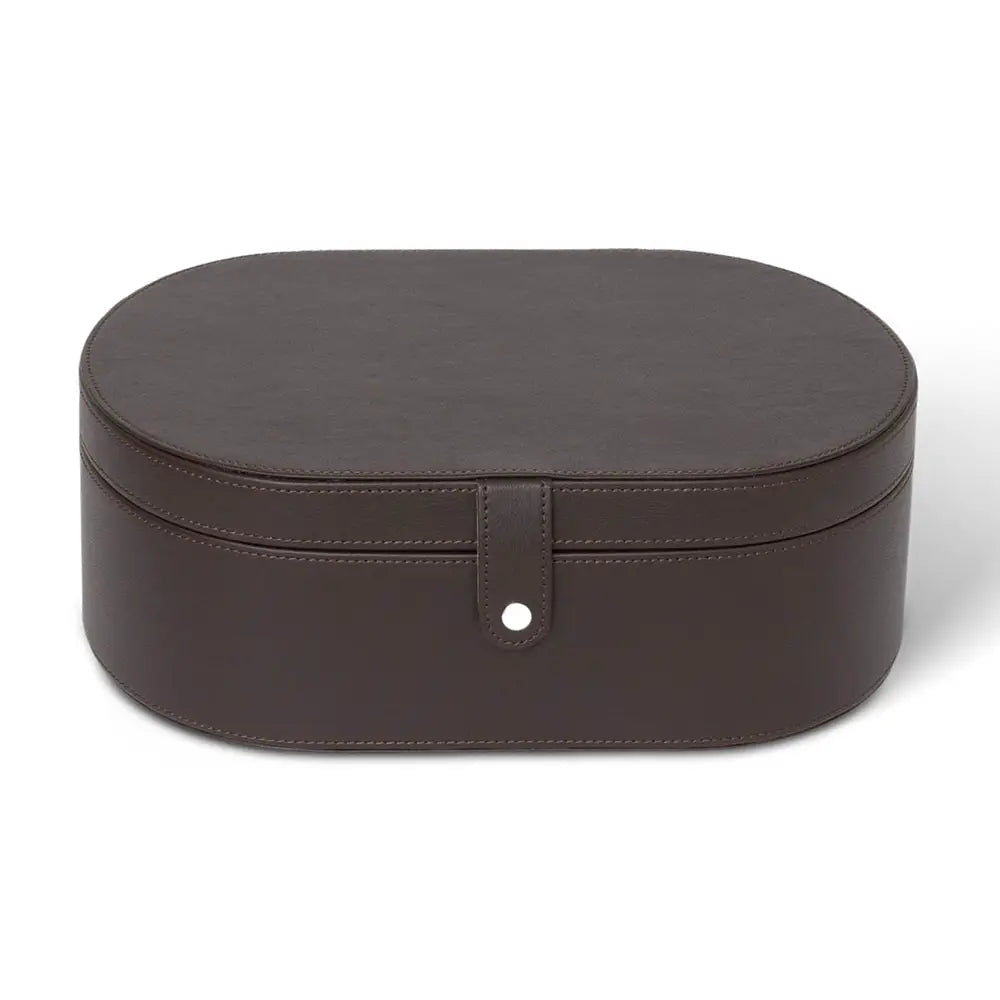 Brown leather-effect storage box on a white background