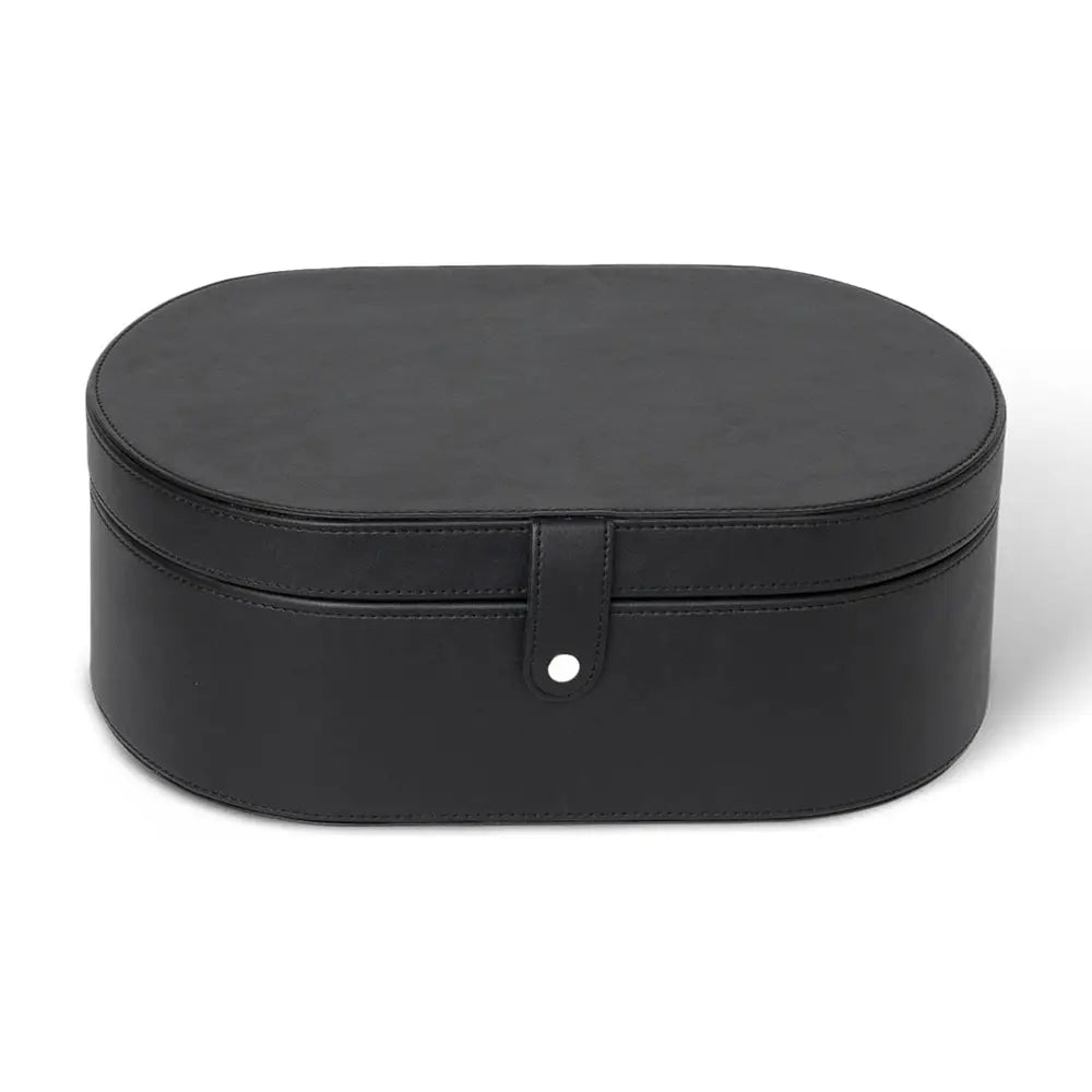 Black oval storage box with a strap on a white background