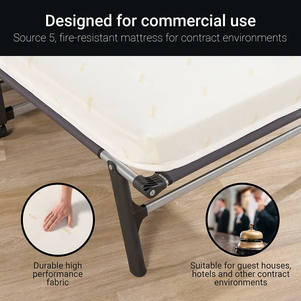 Fire-resistant mattress for commercial use on a wooden floor with text highlighting features.