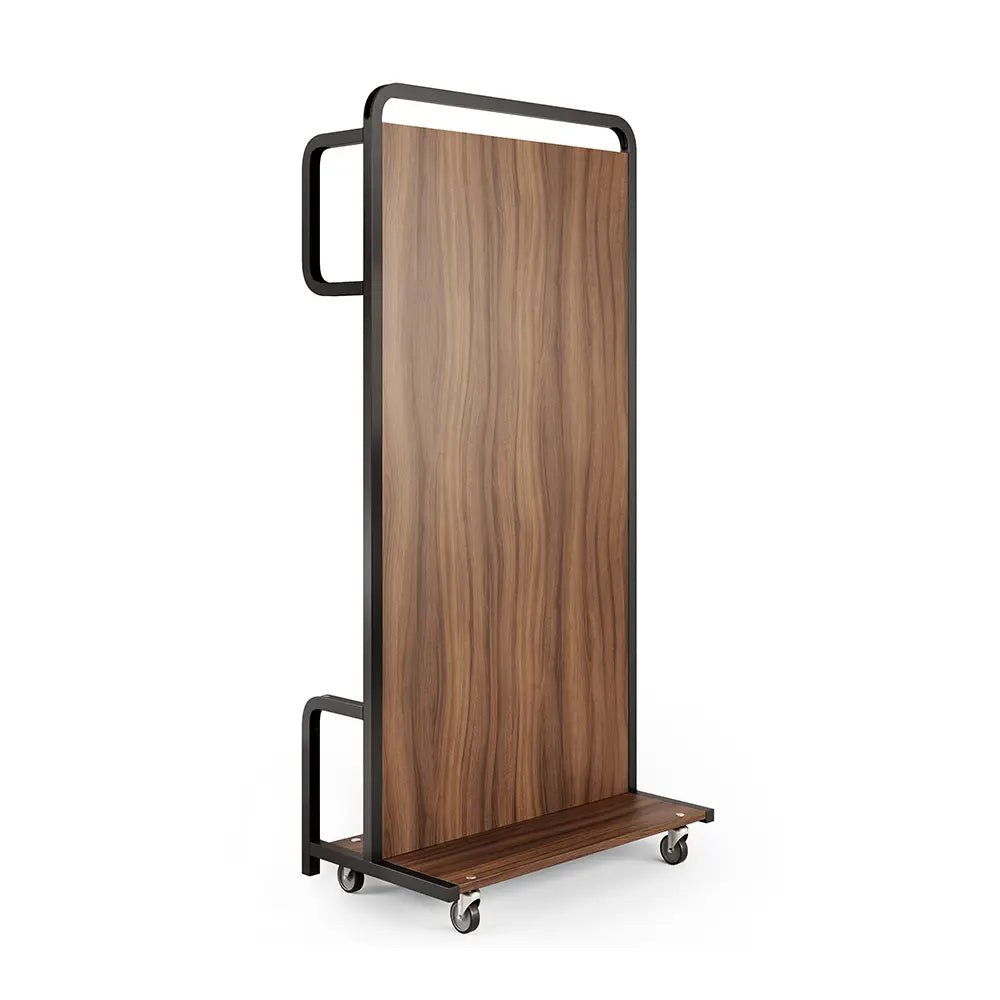 Wooden bed base with wheels on a metal frame on a white background