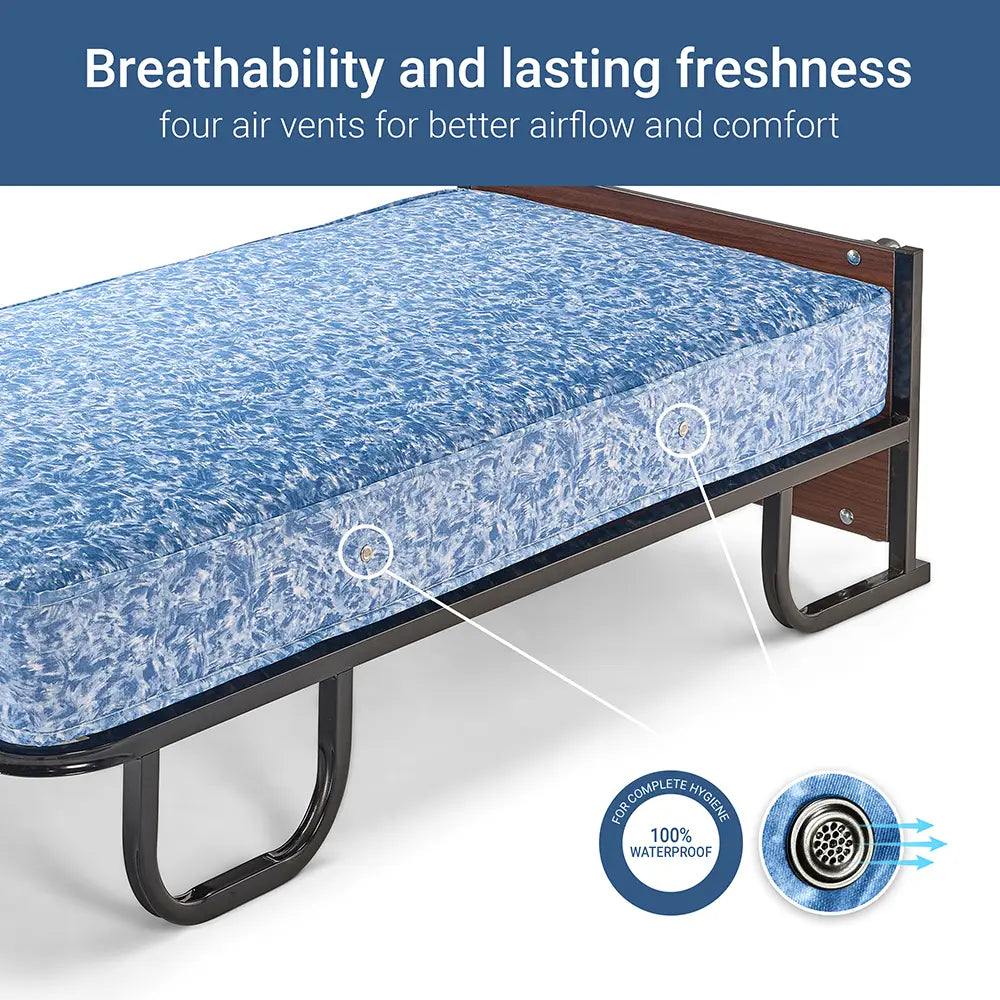 Blue mattress with air vents and text about breathability and freshness on a white background