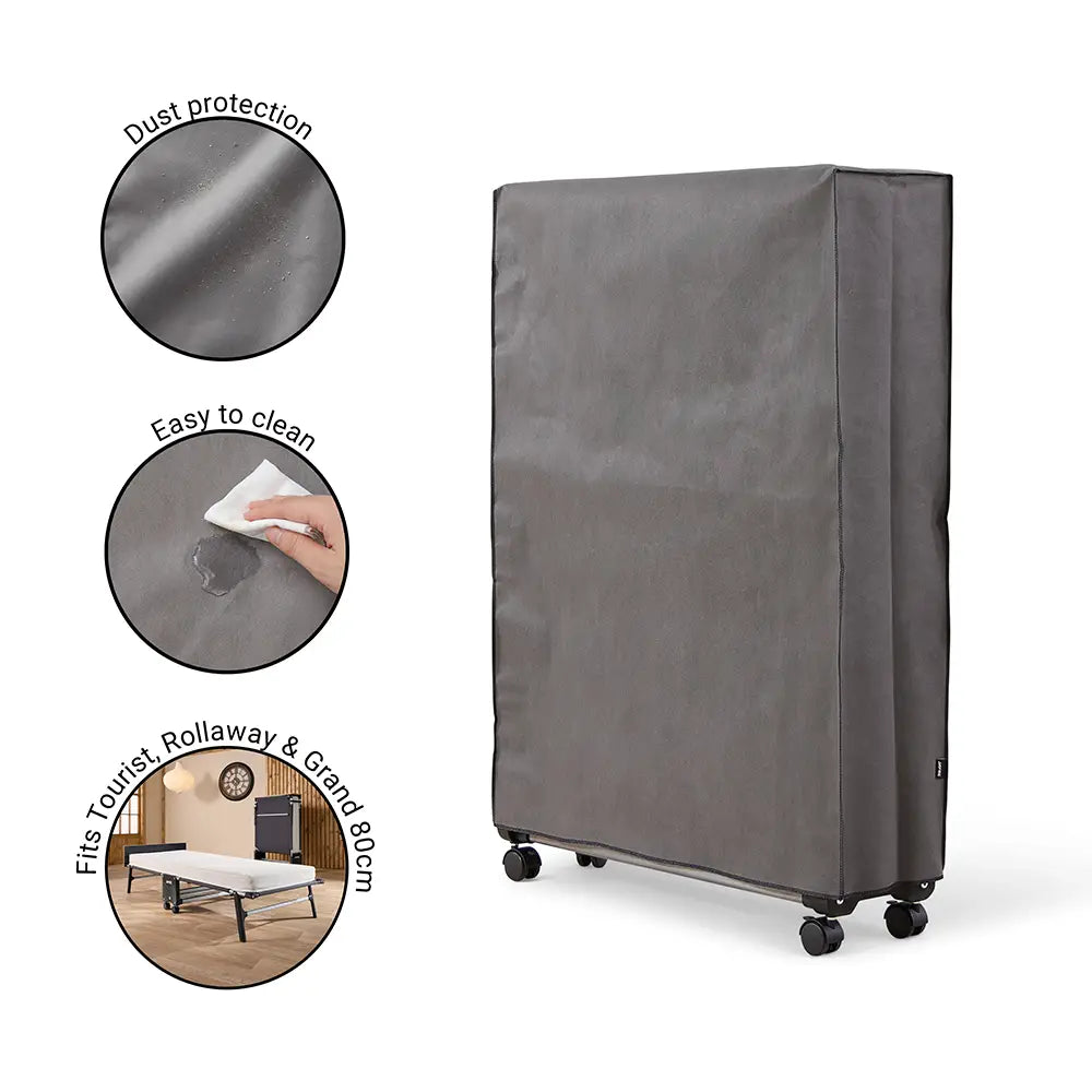 Grey protective cover for folding bed with features highlighted on a white background