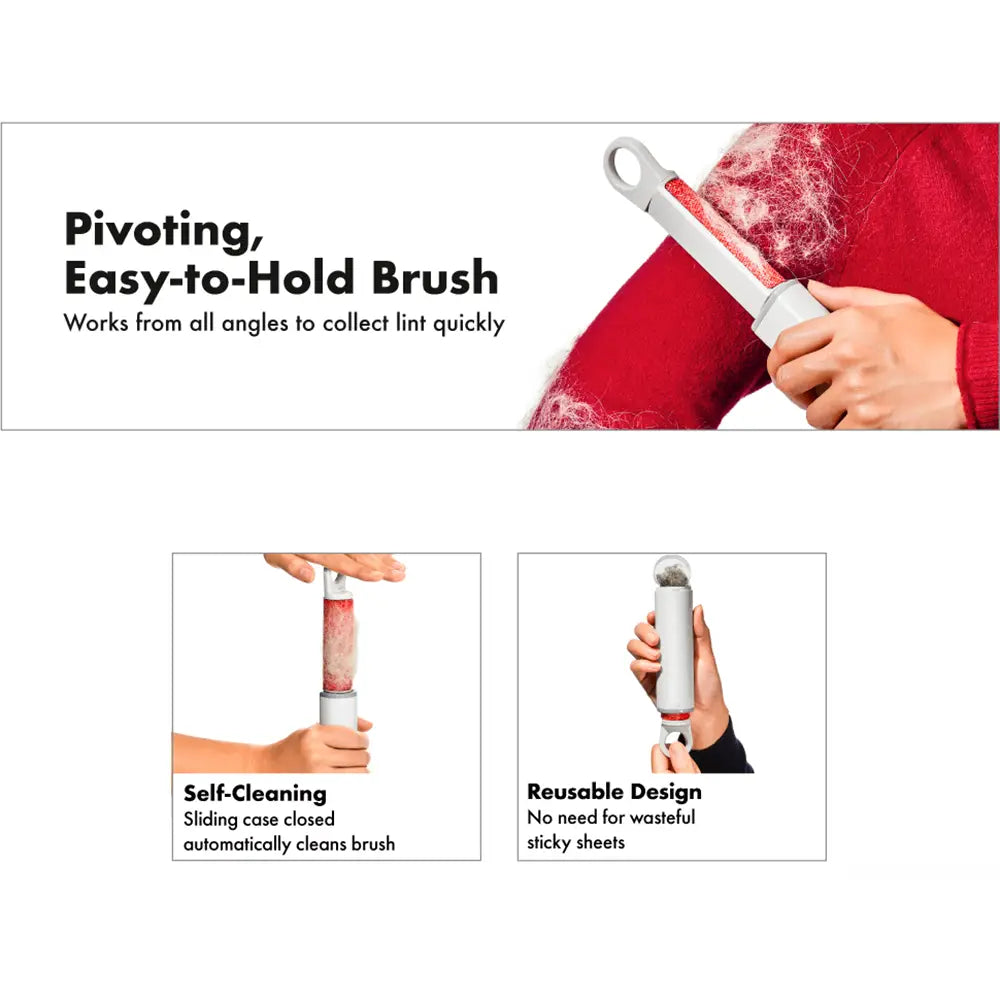 A promotional graphic for a lint remover brush with text callouts and small inset demonstration photos. The main panel says 'Pivoting, Easy-to-Hold Brush' and shows a hand holding a white and red handheld brush against a red garment.