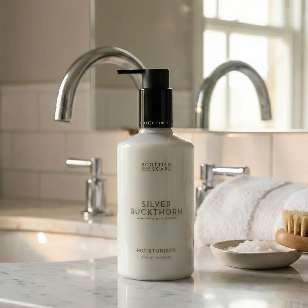 A bottle of Scottish Fine Soaps Silver Buckthorn moisturiser stands on a marble bathroom counter in front of a sink, with a towel and soap dish nearby.