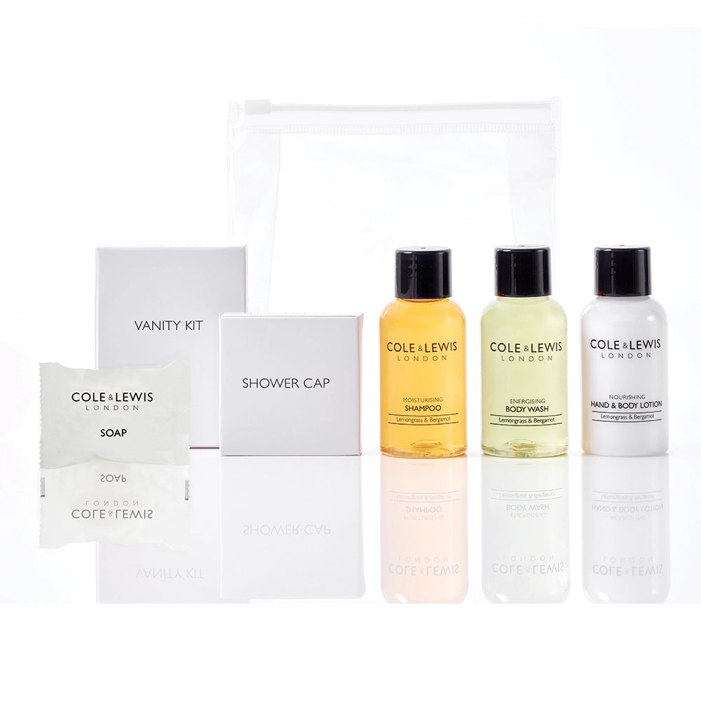 Hotel Toiletries Welcome Pack that includes Cole and Lewis Lemongrass & Bergamot Miniature Toiletries, Shower Cap and Vanity Kit