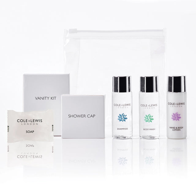 Hotel Toiletries Welcome Pack that includes Cole and Lewis Silver Collection Miniature Toiletries, Shower Cap and Vanity Kit