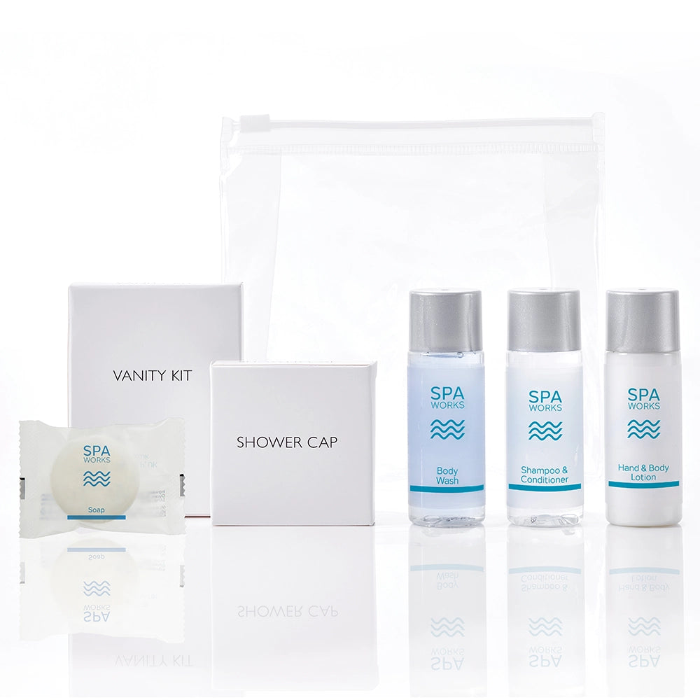 Spa works welcome pack showing mini bottles and amenities