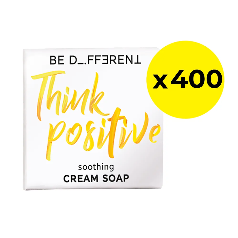 Be different soap bar with 'Think positive' text on a white background