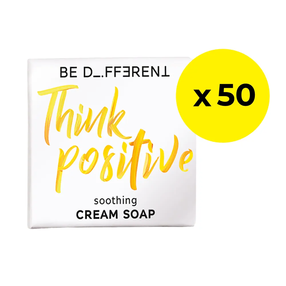 Be different soap bar with 'Think positive' text on a white background