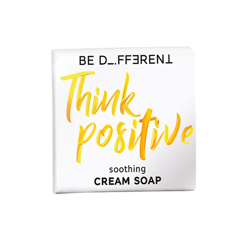 Be different soap bar with 'Think positive' text on a white background