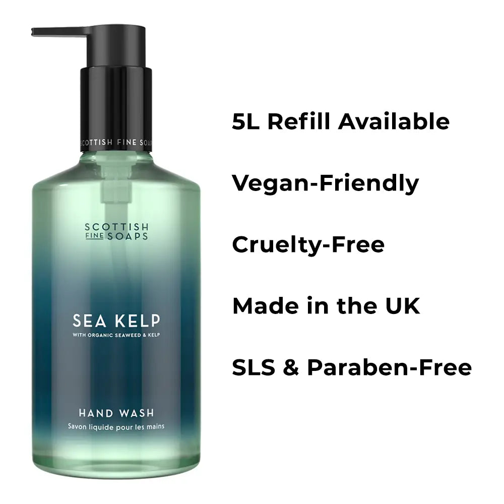 Scottish Fine Soaps Sea Kelp hand wash bottle with product features on a white background