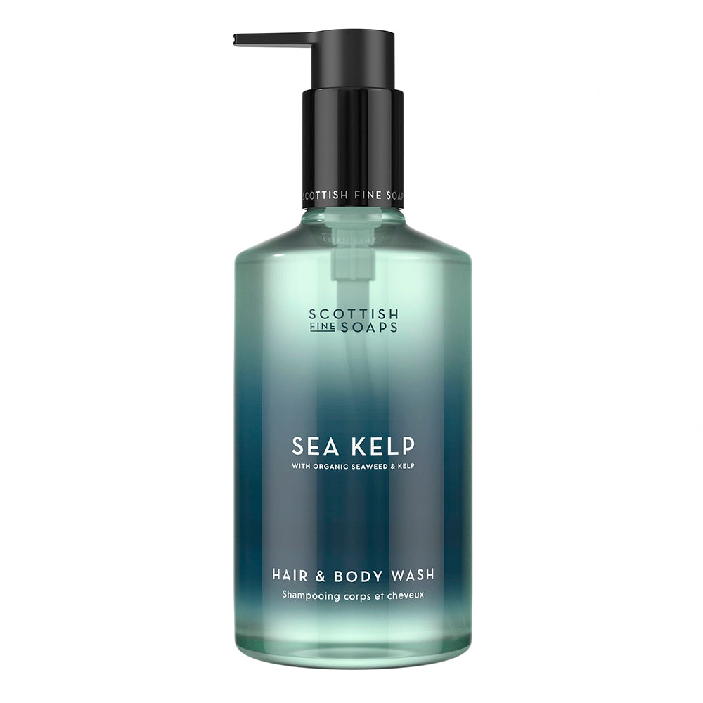 A pump bottle of Scottish Fine Soaps Sea Kelp Hair & Body Wash against a white background.