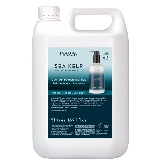 A 5l refillable bottle of Scottish Fine Soaps Sea Kelp Hair Conditioner with a label showing a blue aquatic scene