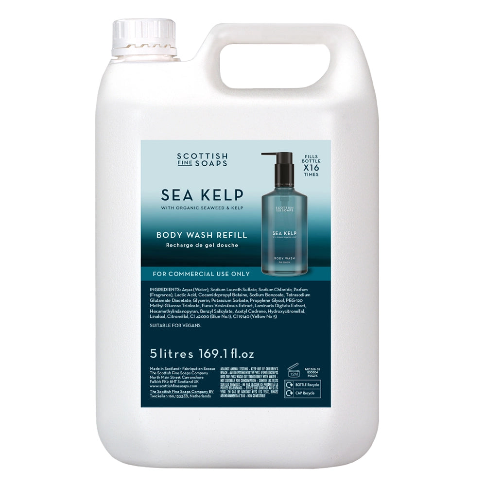 A 5 litre white plastic container of Scottish Fine Soaps Sea Kelp Body Wash with a label showing product details.