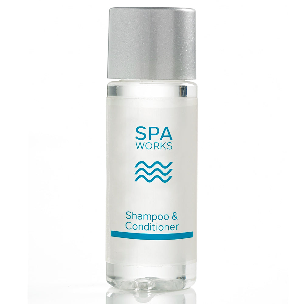 Spa works shampoo and conditioner in a 30ml mini bottle with silver lid