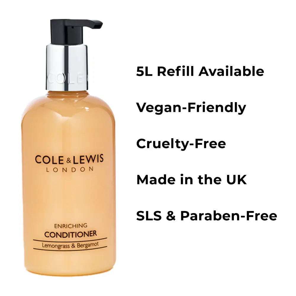 Cole & Lewis conditioner bottle with product features on a white background