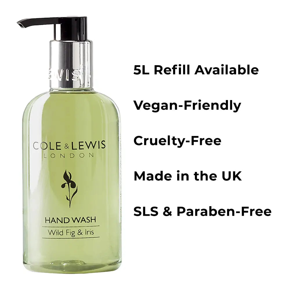 Cole & Lewis Wild Fig and Iris hand wash bottle with product features on a white background