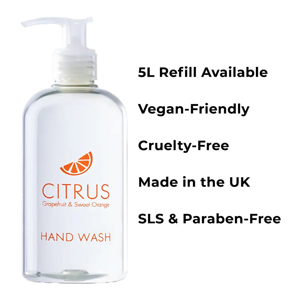 Citrus Grapefruit & Sweet Orange Hand Wash handwash dispenser on a white background, featuring text about product attributes.