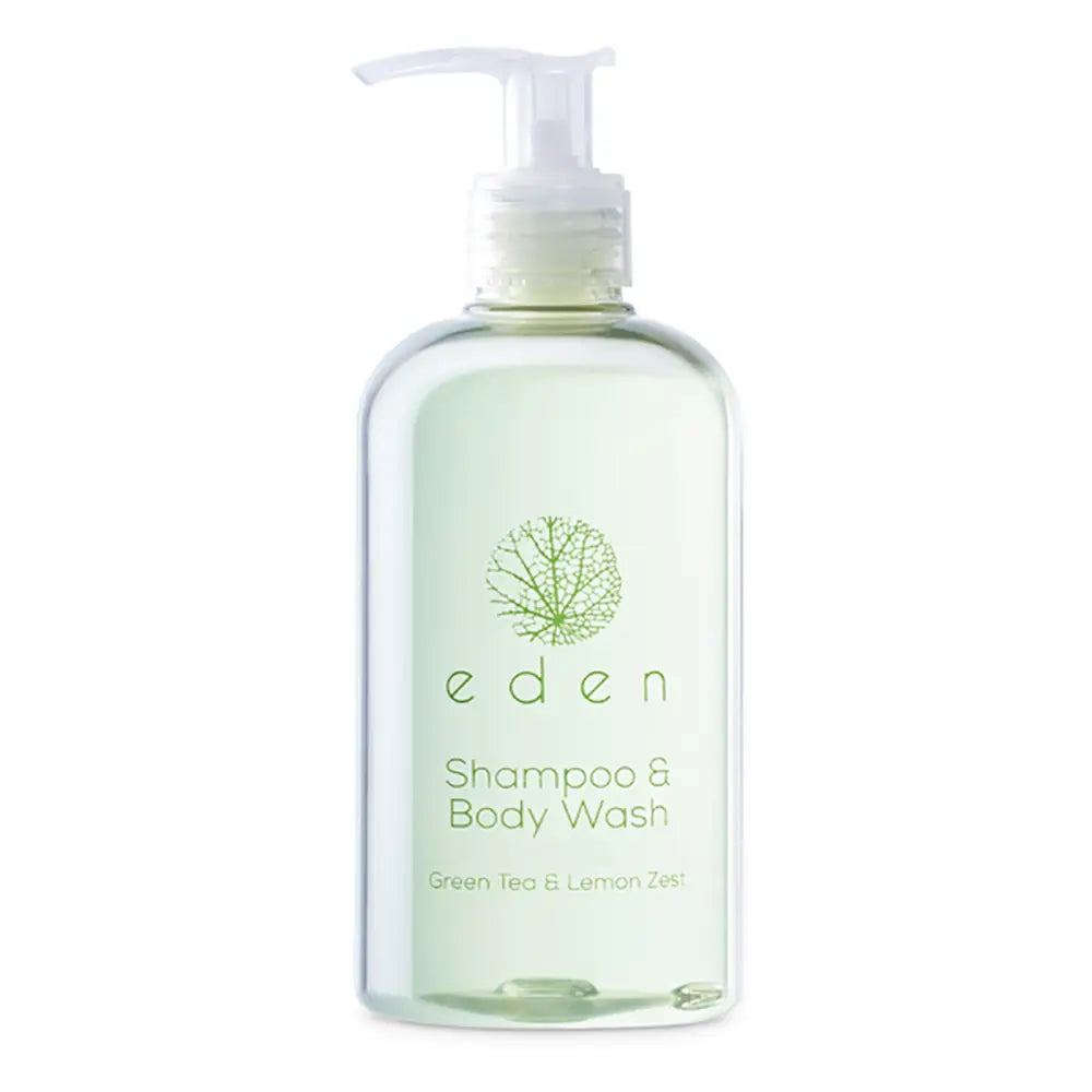 Eden green tea and lemon zest shampoo and body wash bottle on a white background