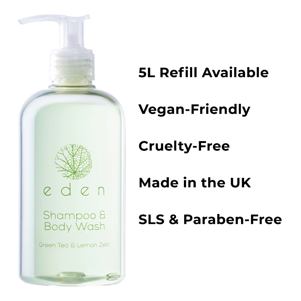 Bottle of Eden Shampoo & Body Wash with product features listed on a white background