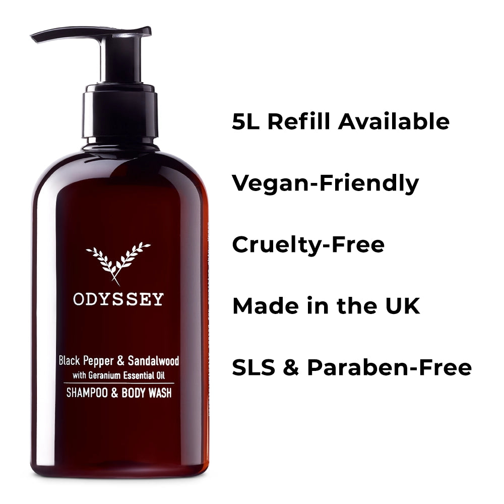 Shampoo black pepper, sandalwood with Geranium essential oil and body wash bottle with Odyssey branding on a white background, featuring text about product attributes.