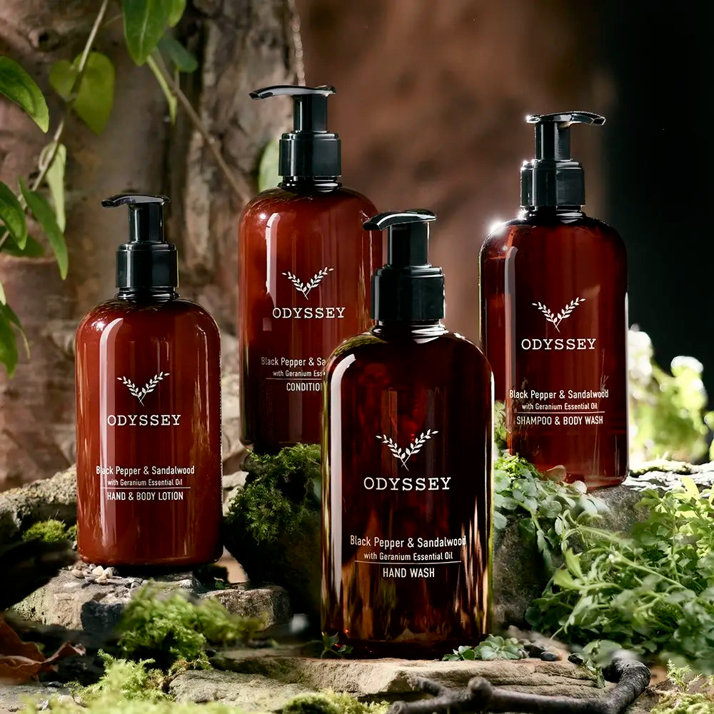 Set of Odyssey skincare products including body lotion, shampoo, conditioner and body wash on a natural stone background.